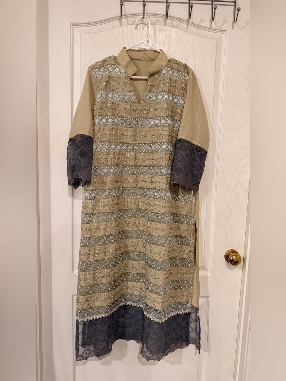 Indian Beige and Gray Embroidered Formal Women's Dress
